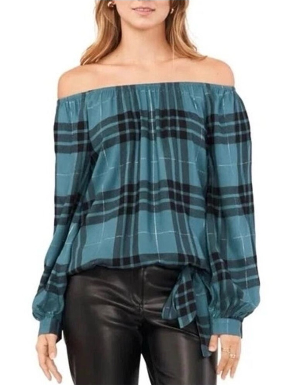 #200 VINCE CAMUTO Deep Forest Plaid Off-Shoulder Blouse with Side Tie NWT L